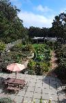Aerial view of patio and vegetable beds.